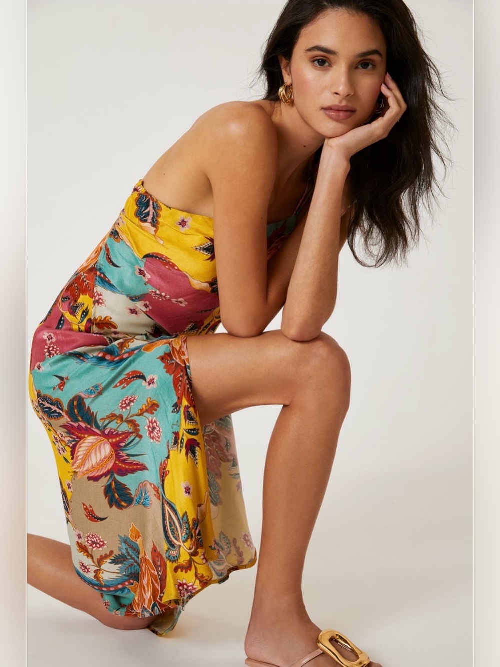 BL-NK Anthropologie One Shoulder Floral Slip Maxi Dress Multicolor Size 6 Boho - Picture 4 of 11